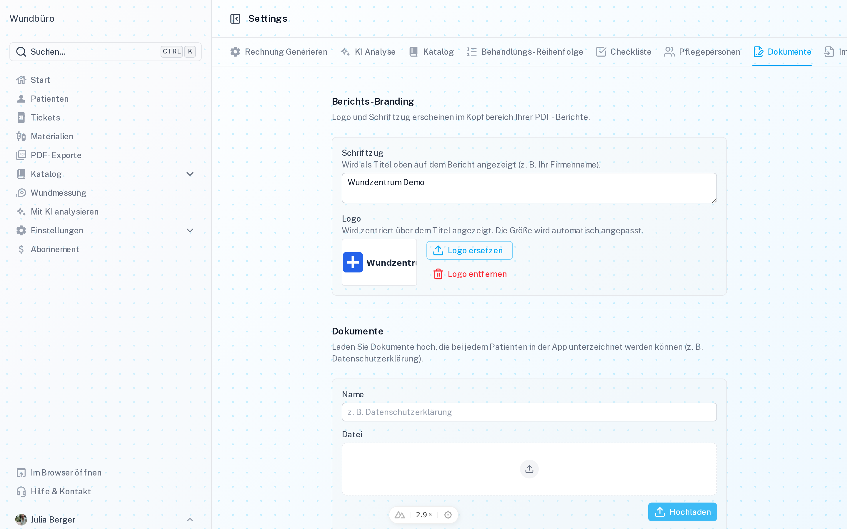Einstellungsseite Dokumente mit Berichts-Branding und Dokumenten-Upload