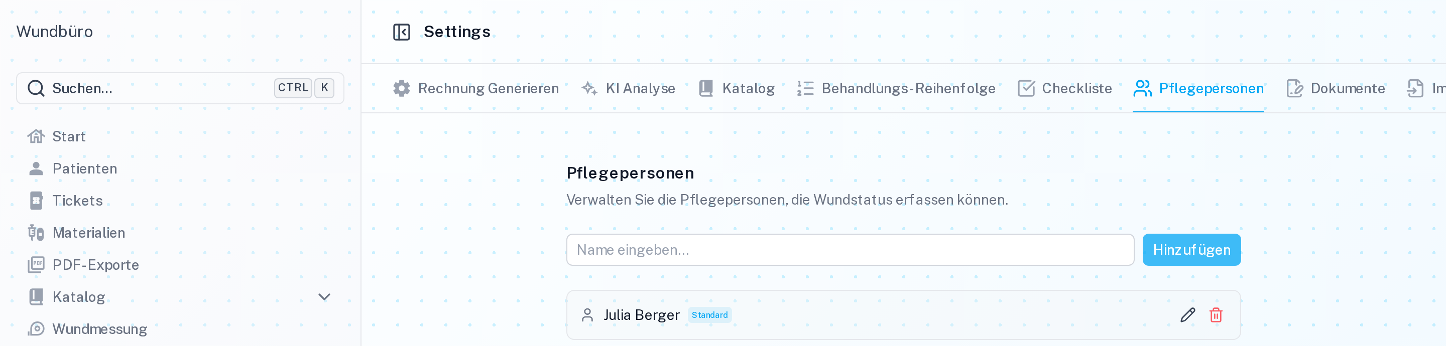 Einstellungsseite Pflegepersonen mit Eingabefeld und Standard-Pflegeperson