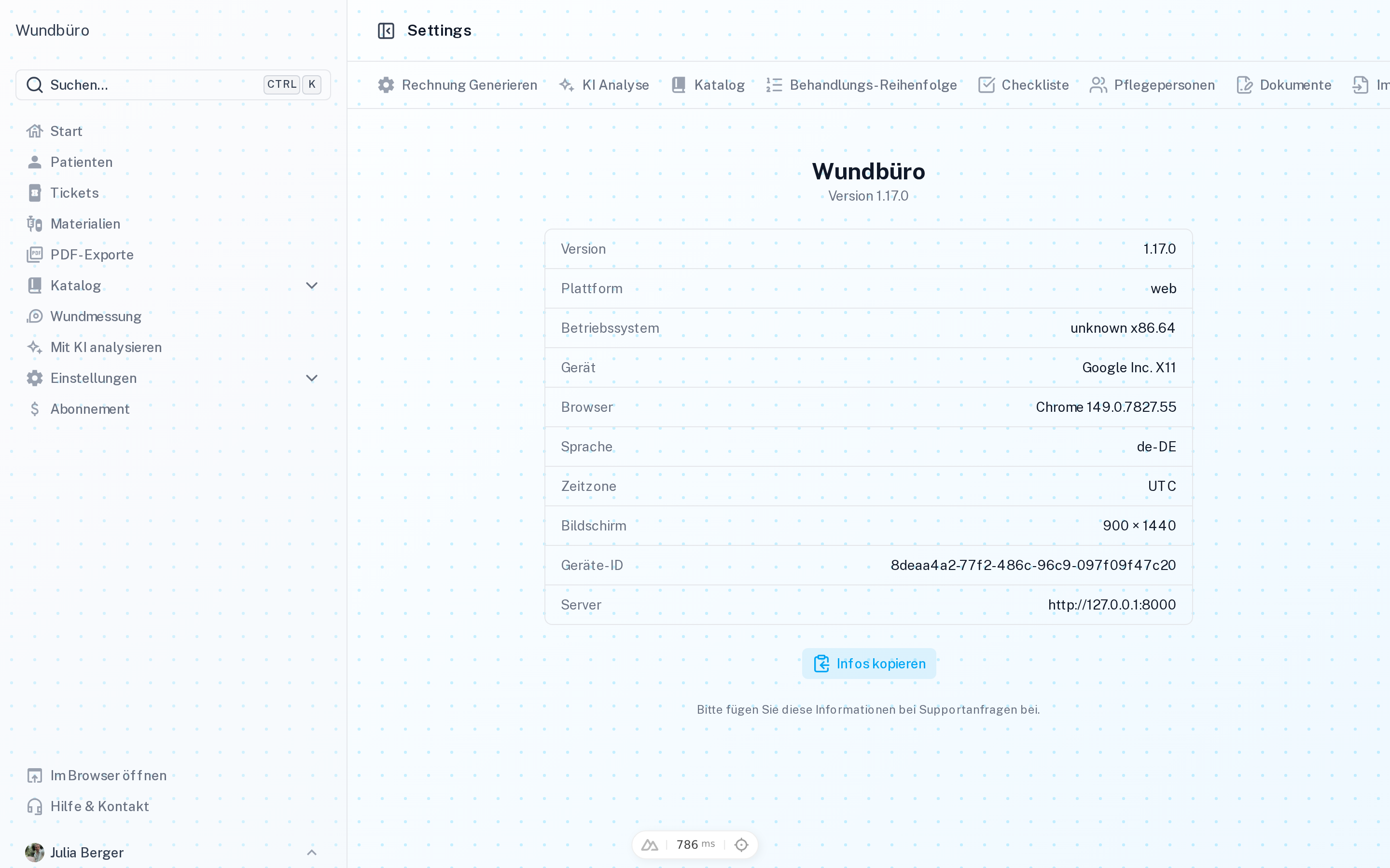 Einstellungsseite Über die App mit Versions- und Geräteinformationen