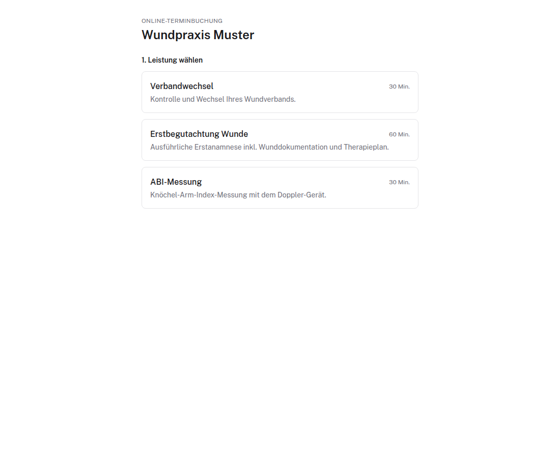 Öffentliche Buchungsseite – Leistung wählen