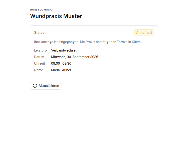 Statusseite einer Buchung mit Status, Leistung, Datum und Uhrzeit