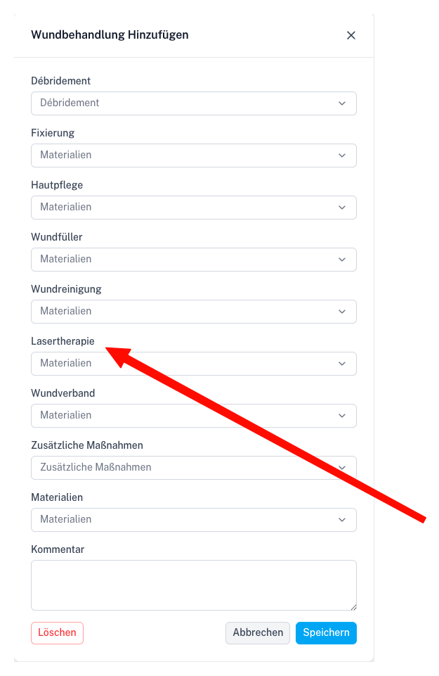 Wound Behandlung Modal Screenshot